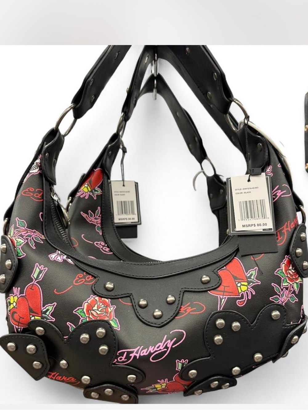 Ed Hardy Black Shoulder Bag with Pink & Red Heart Floral Print